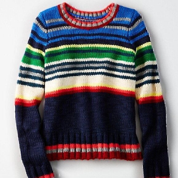 AMERICAN EAGLE Rainbow Navy Cream Striped Chunky Knit WOOL Etc Crew Neck Sweater - Picture 3 of 12